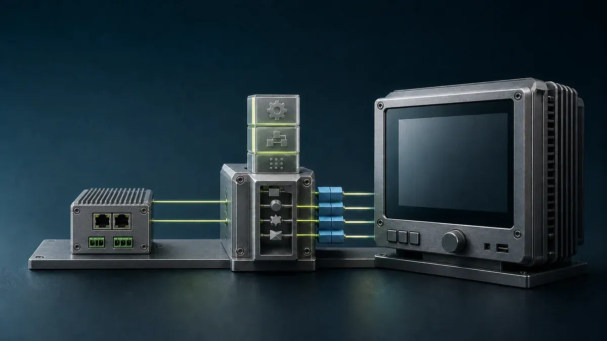 A compact gateway, modular edge computer, and panel IPC shown as three distinct industrial roles