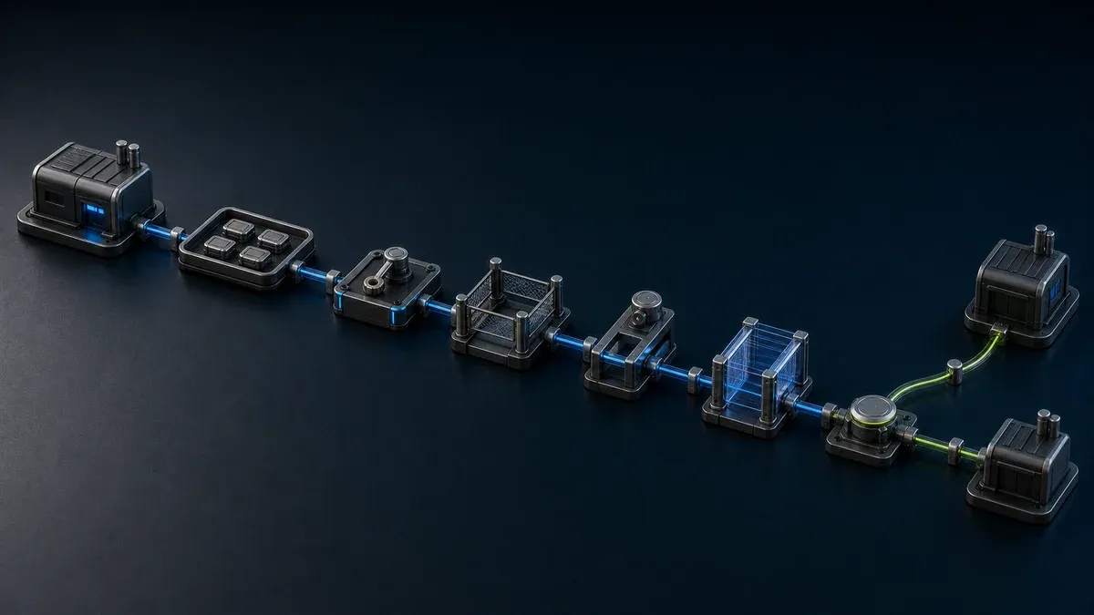 A staged rollout path moving through inventory, ownership, pilot, testing, revocation, and scale