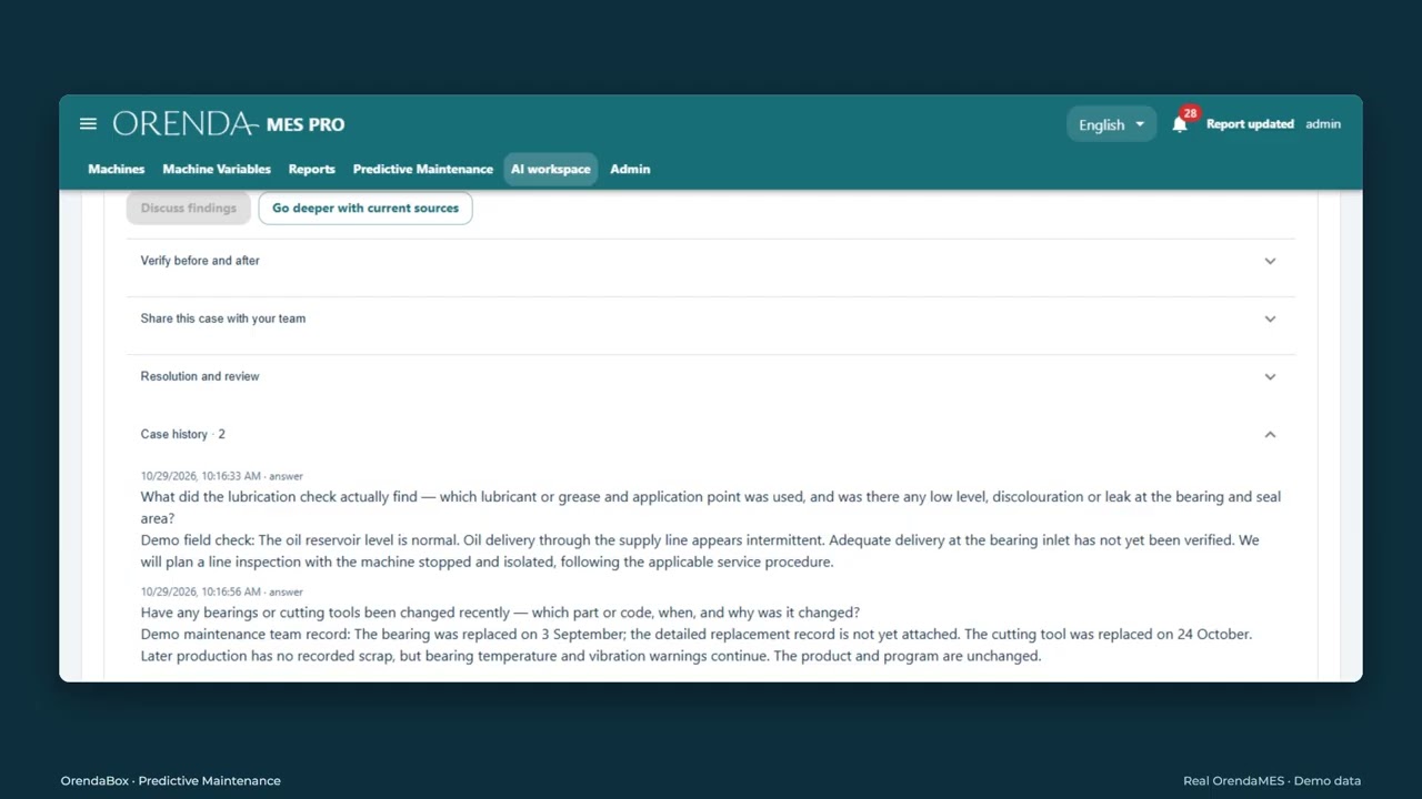 Orenda Predictive Maintenance case history with demo machine records