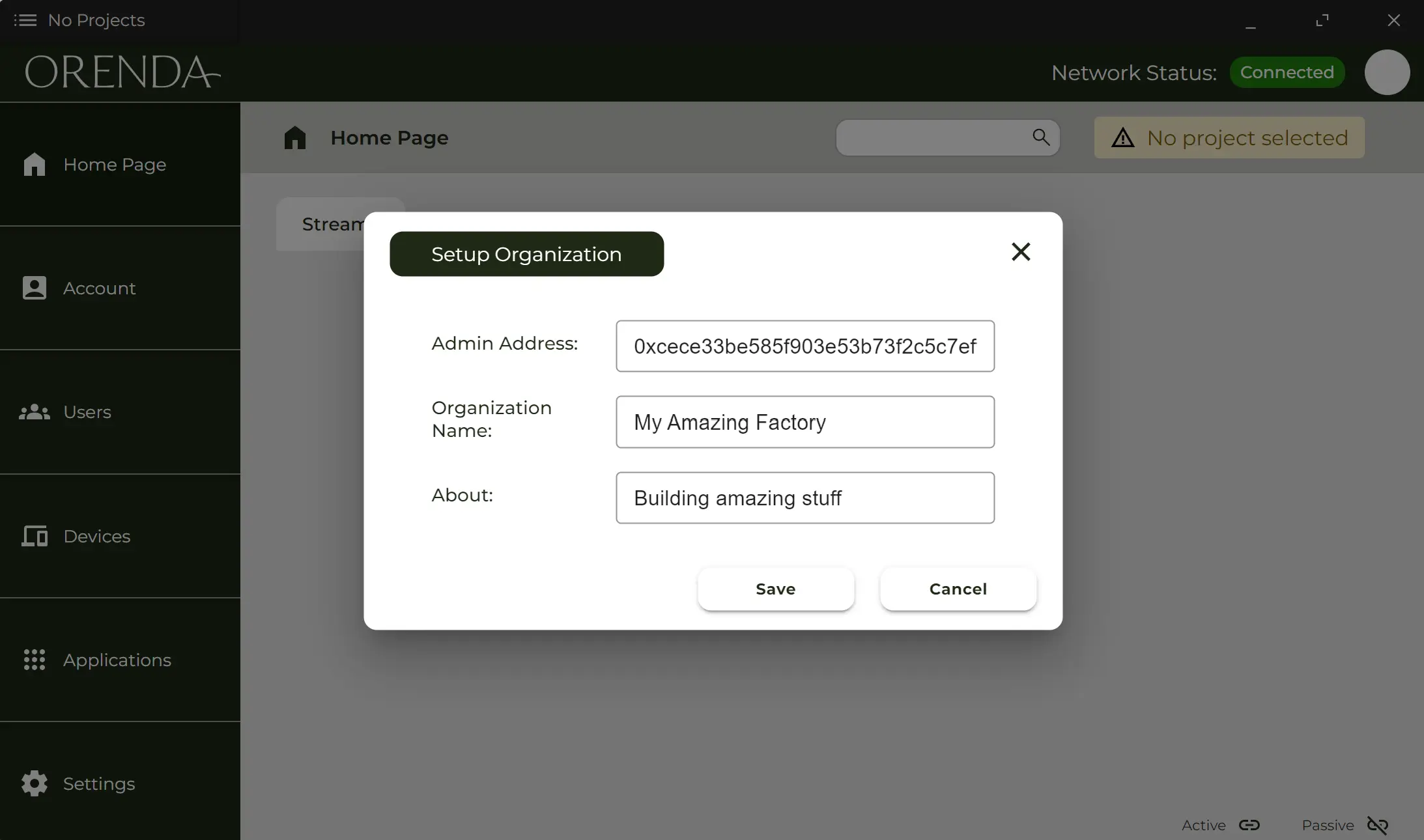 Orenda Connect setup screen
