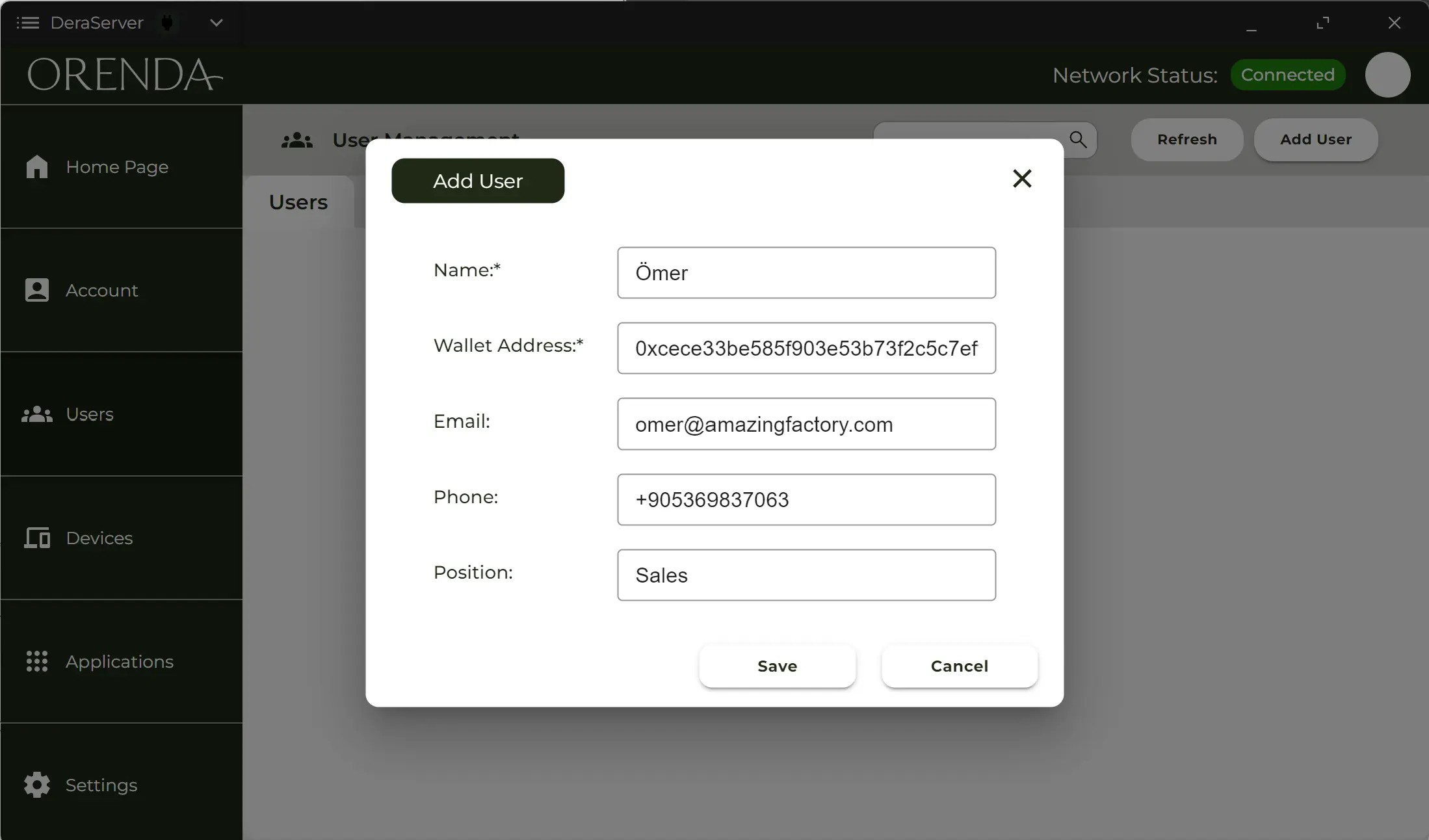 Orenda Connect user management screen