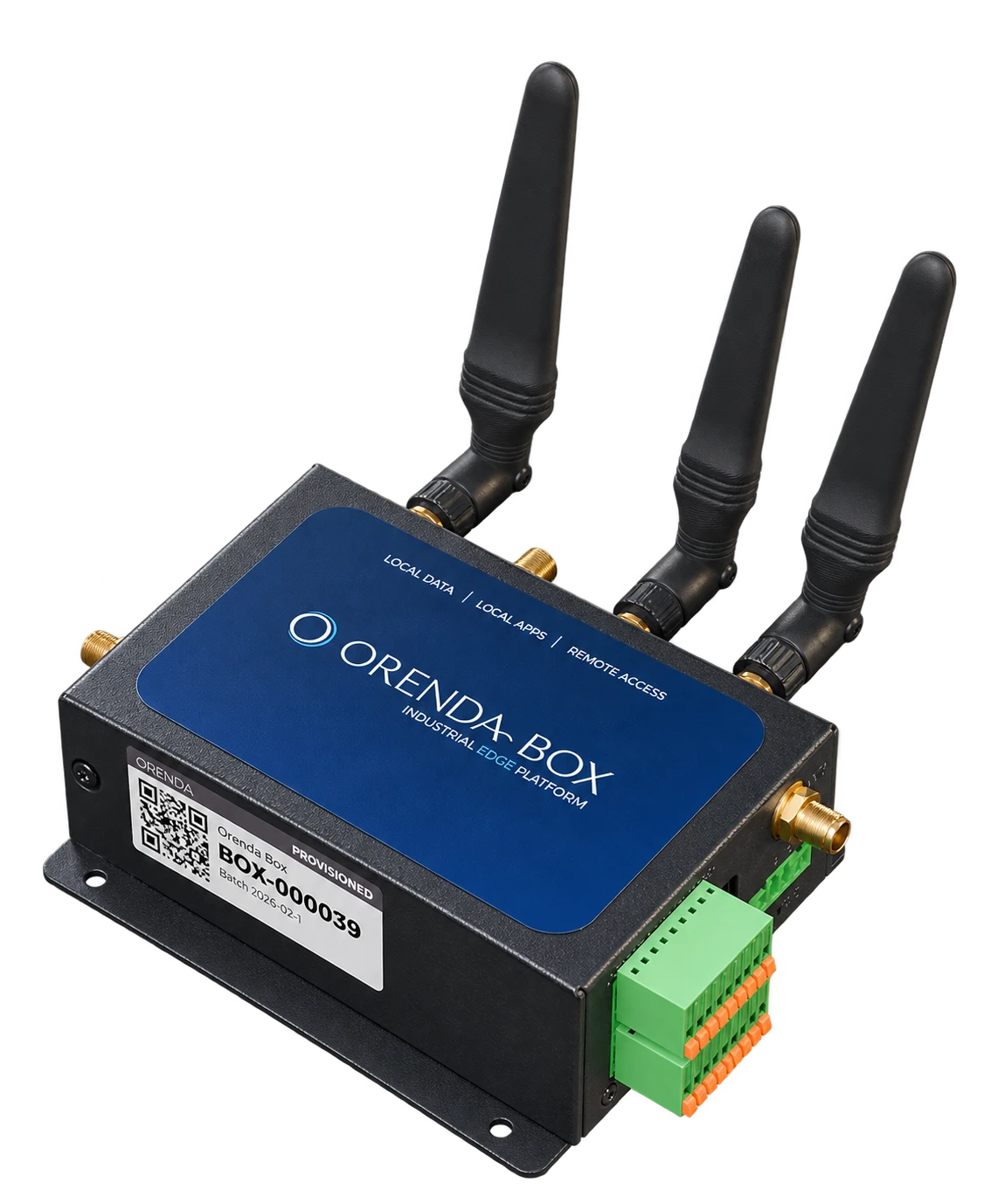 Orenda Box industrial edge computer, with approved label, provisioning sticker, green terminal connectors, and three antennas