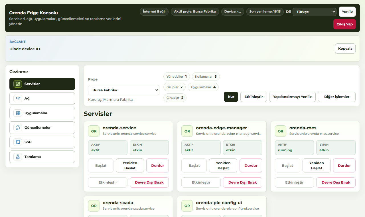 Orenda Edge Manager screen showing local edge services