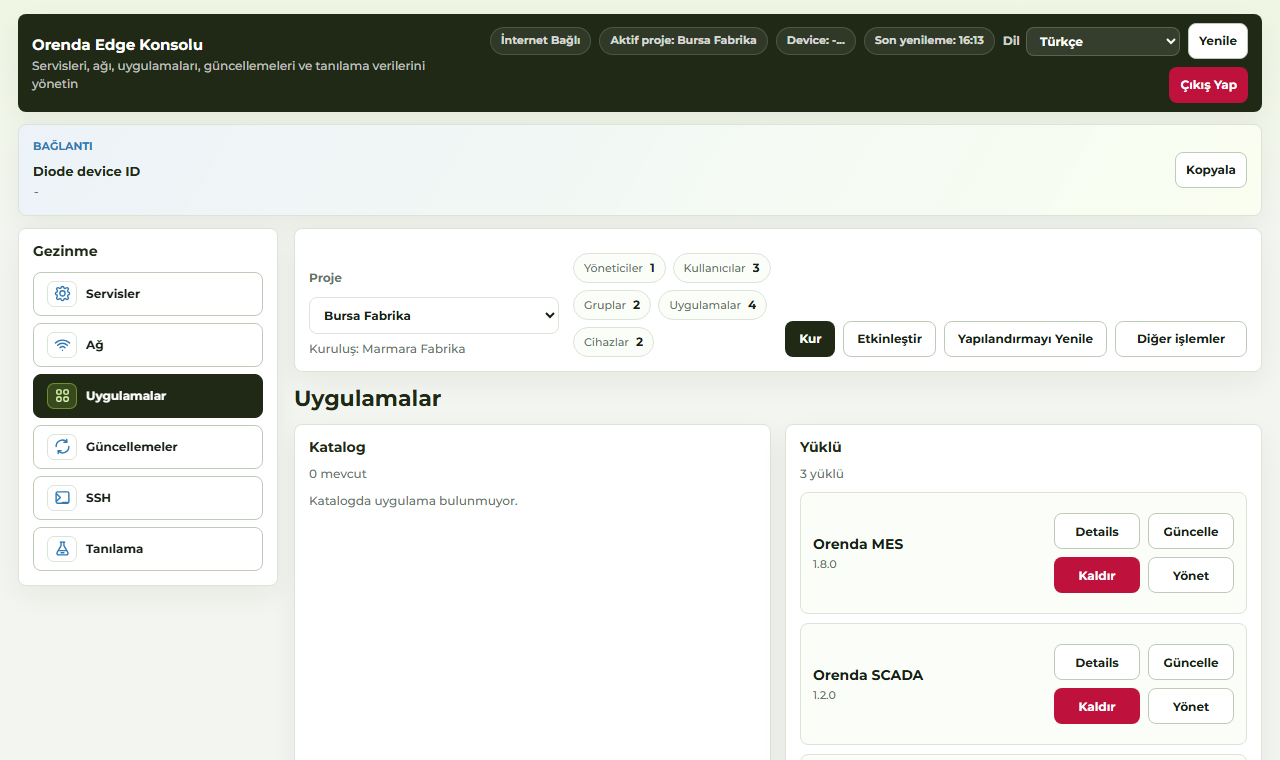 Orenda Edge Manager apps screen for machine service setup