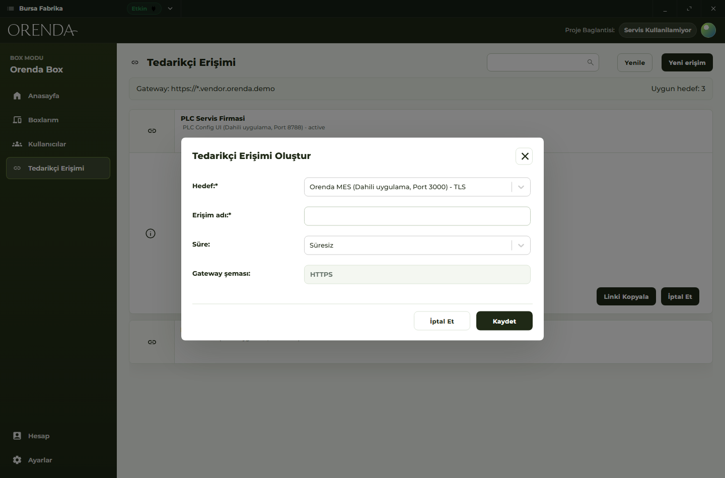 Scoped outside-party access configured for an industrial support resource