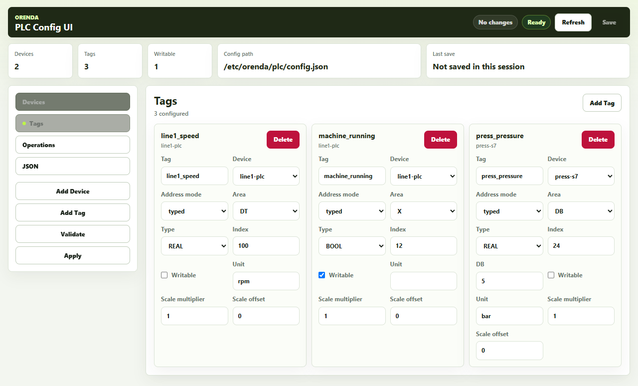 Orenda Box PLC data point configuration screen